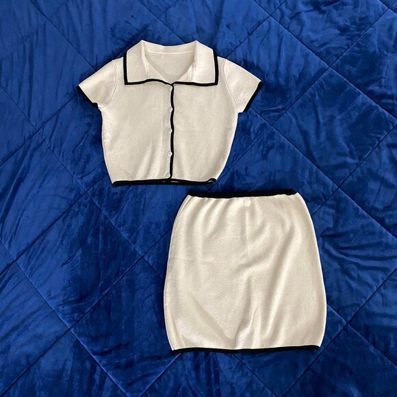 COMMENSE Black + Light Beige Contrast Collared Shirt and Outlined Mini Skirt Set - Picture 1 of 7
